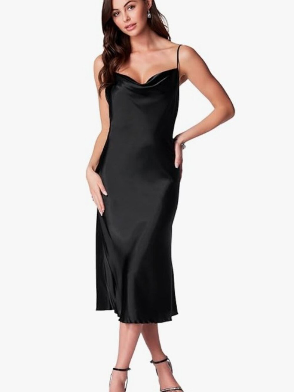 NWT Bebe Women's XS Black Midi Slip Satin Cowl Sleeveless A-Line Dress $79